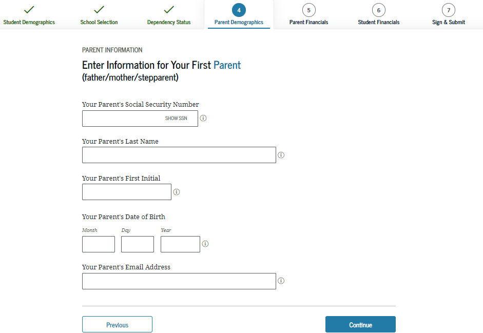 FAFSA Application - Parents Information Screenshot