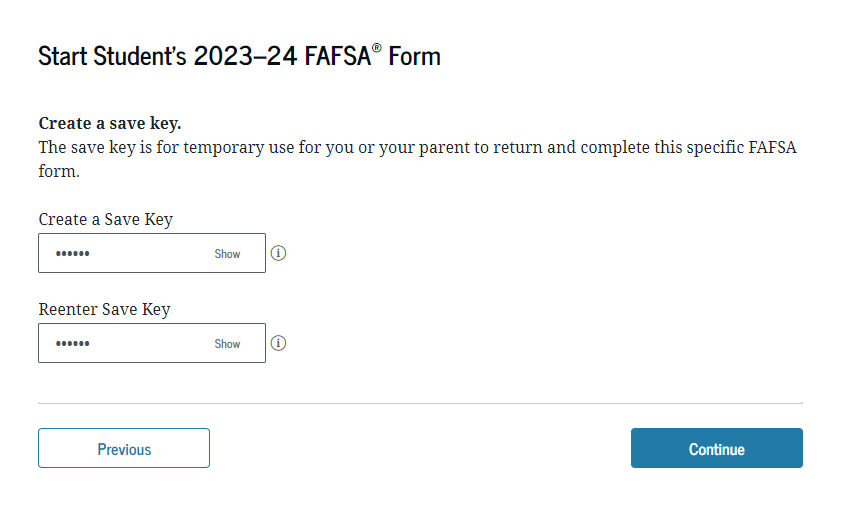 FAFSA Application - Creating a Save Key - Screenshot