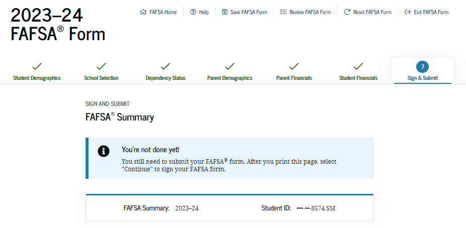 FAFSA Application - Sign and Submit Screenshot