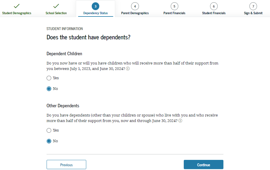 FAFSA Application - Student Dependency Status Screenshot
