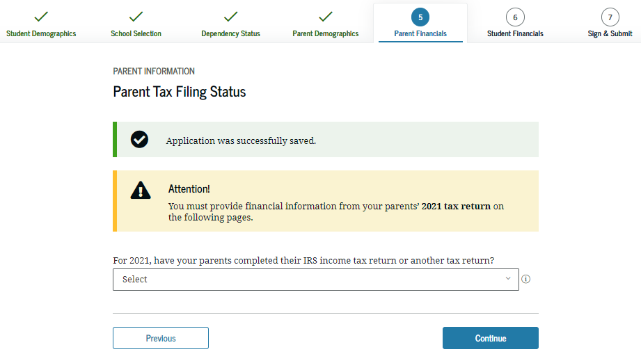 FAFSA Application - Parent Tax Filing Screenshot