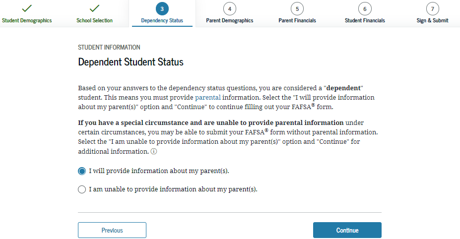 FAFSA Application - Student Dependency Status Screenshot 3