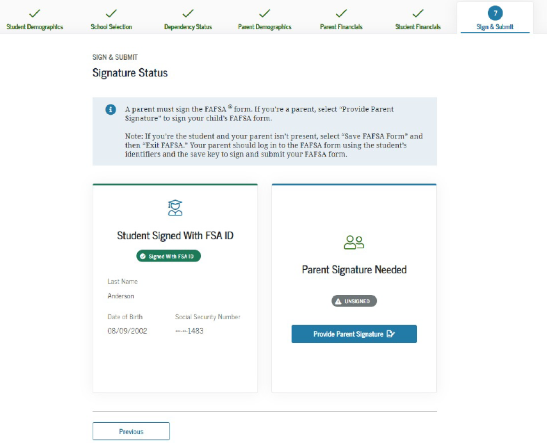 FAFSA Application - Signature Status Screenshot